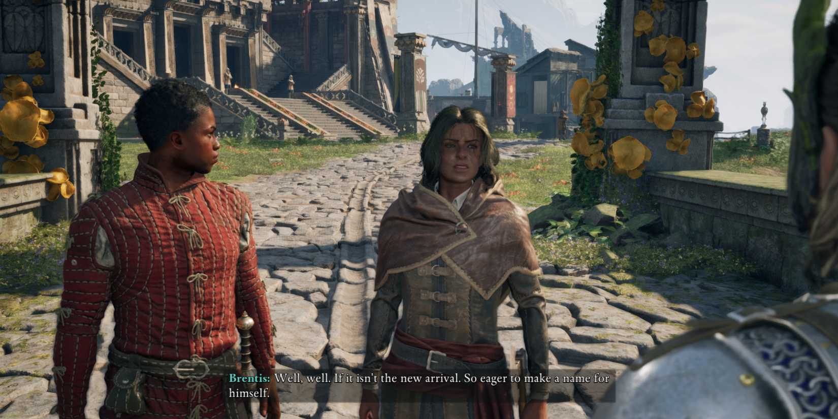 Two citizens of Paradis attempt to intimidate the Envoy on a bridge in Avowed