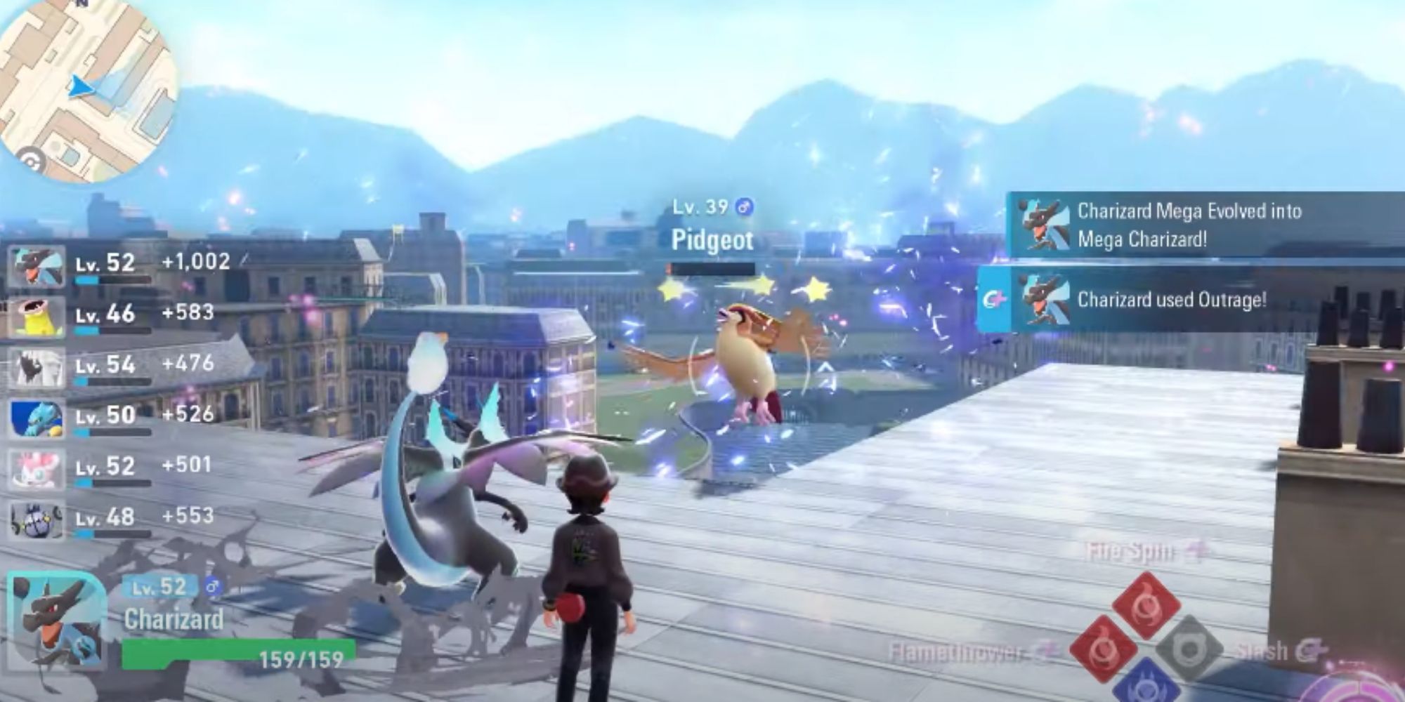 A Mega Charizard fighting a Pidgeot in Pokemon Legends Z-A.