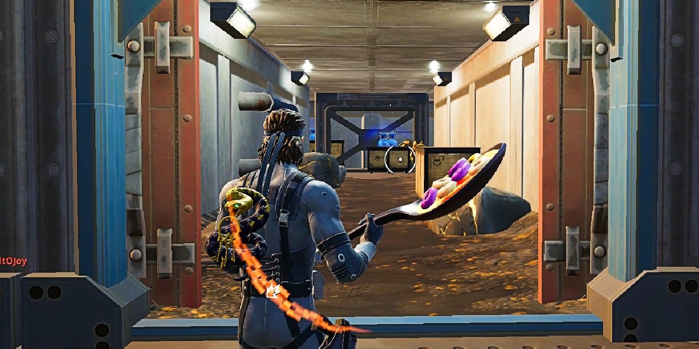 Secret Shiny Shafts Vault Fortnite player looking at the path to the hidden room.