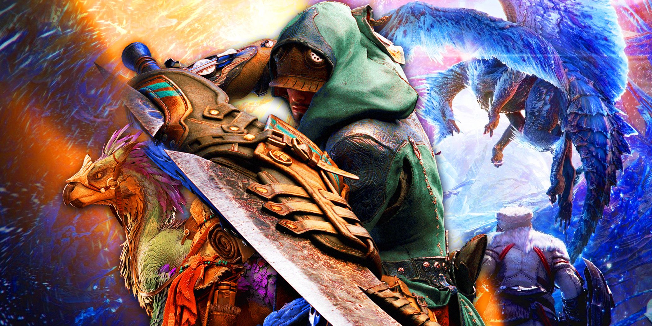 Seikret and Hunter in front of an Iceborne keyart.