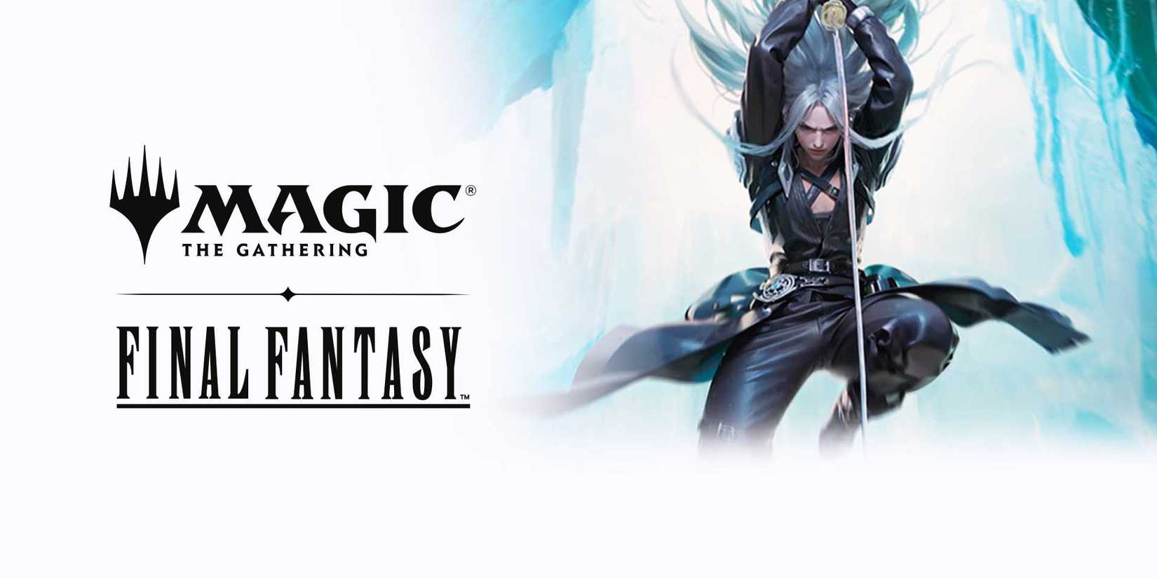 Sephiroth plunging downward with his sword alongside the MTG and Final Fantasy logos.