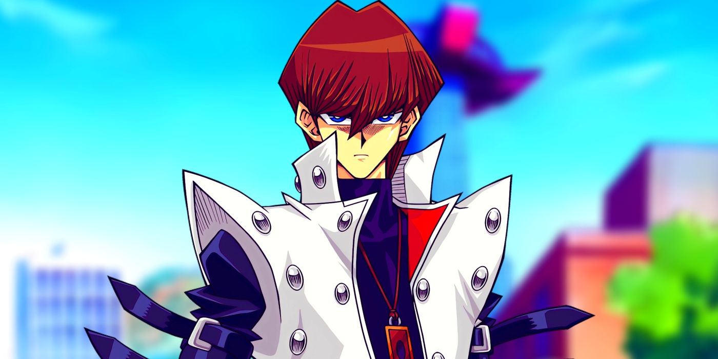 Seto Kaiba looking serious while wearing his season 2 outfit. Behind him, Kaiba Corp&rsquo;s main building can be seen.
