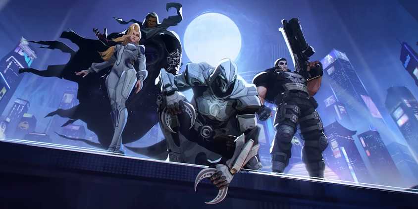 Several Marvel Rivals characters standing on a ledge.