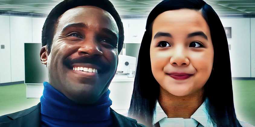 An edited image of Milchick and Miss Huang smiling in Severance season 2.