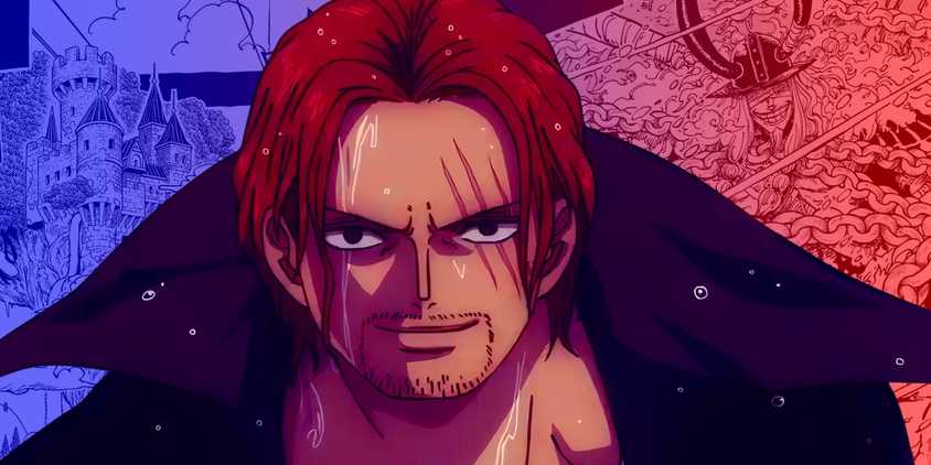 Shanks standing in the rain. Behind him, the kingdom of Elbaph and Loki can be seen.