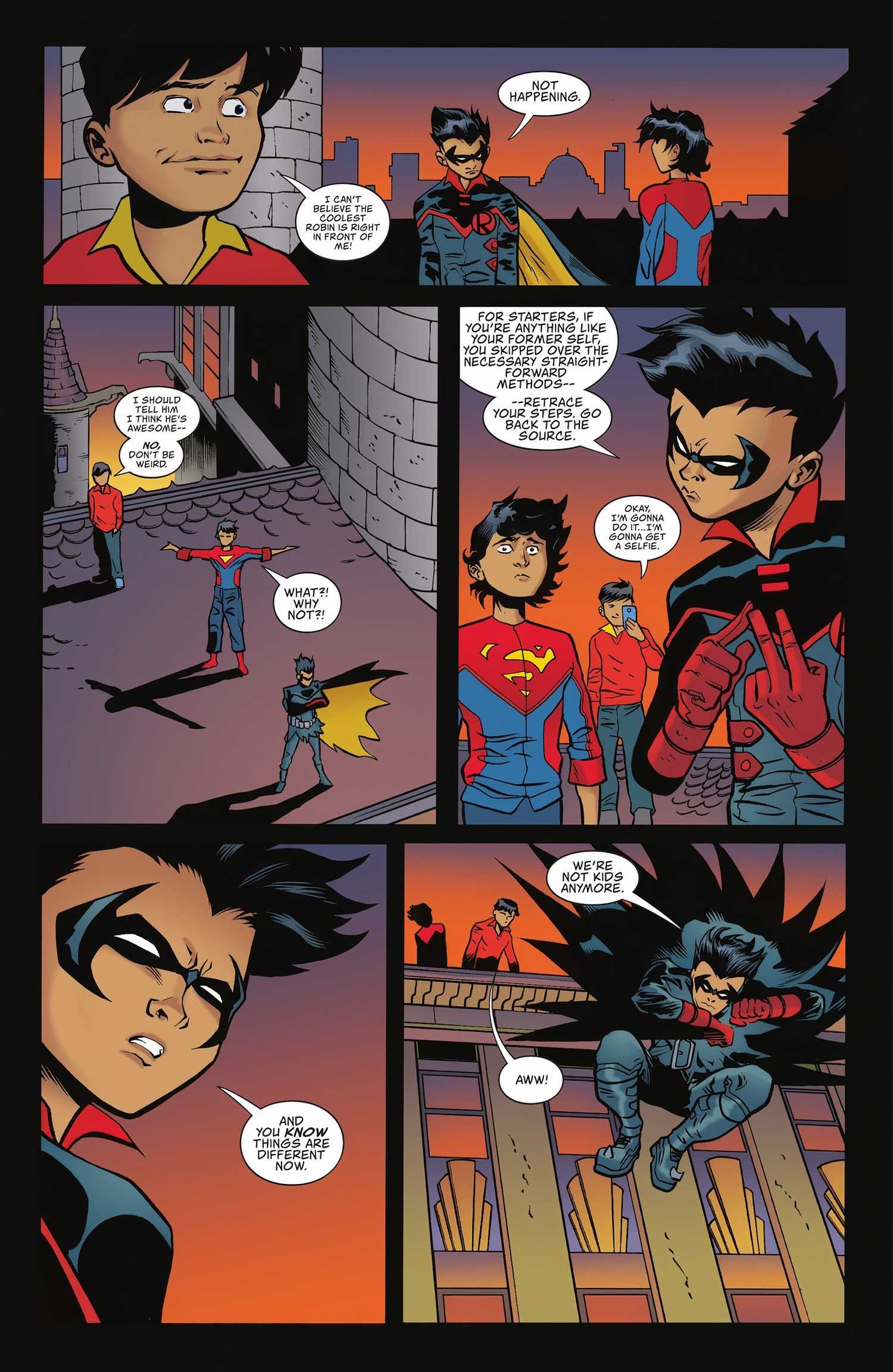 Five panels of Jon Kent and Damian Wayne talking while Shazam looks on
