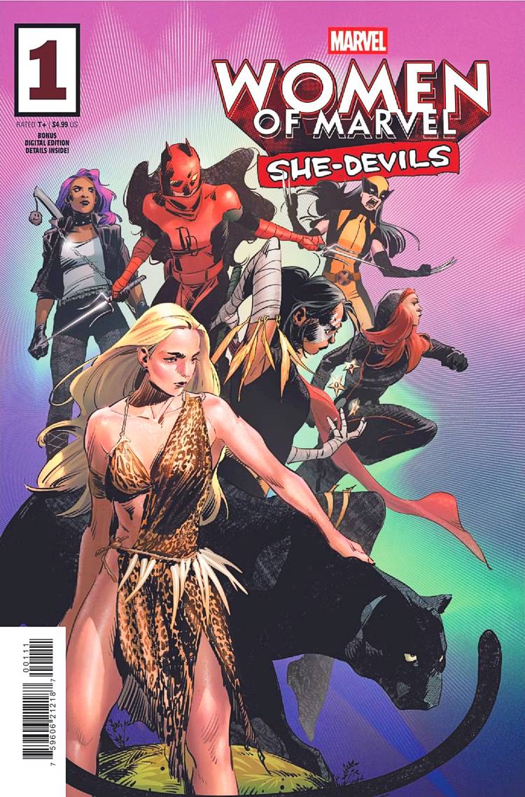 She Devils #1 cover, featuring Shanna, Bloodline, Black Widow, Daredevil, Wolverine, & more
