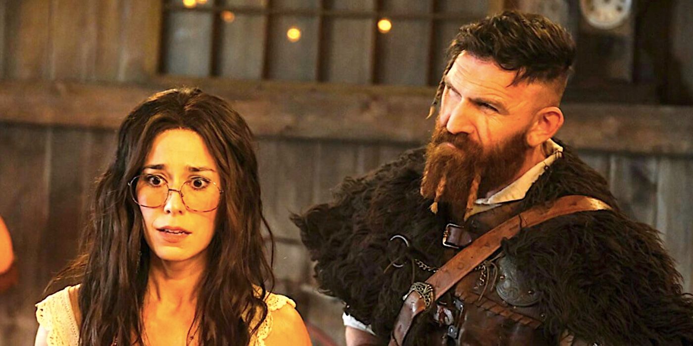 Sheila Carrasco&rsquo;s Flower looks worried beside Devan Chandler Long&rsquo;s Thor in Ghosts season 4 episode 12