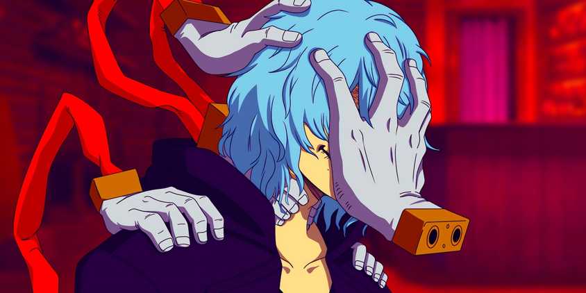 Shigaraki standing alone in his second costume. Behind him, the bar of the League of Villains can be seen.