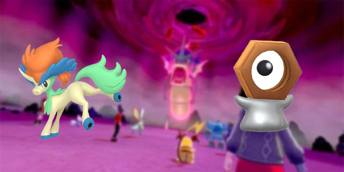 Shiny Keldeo and Shiny Meltan in front of a Dynamax Raid