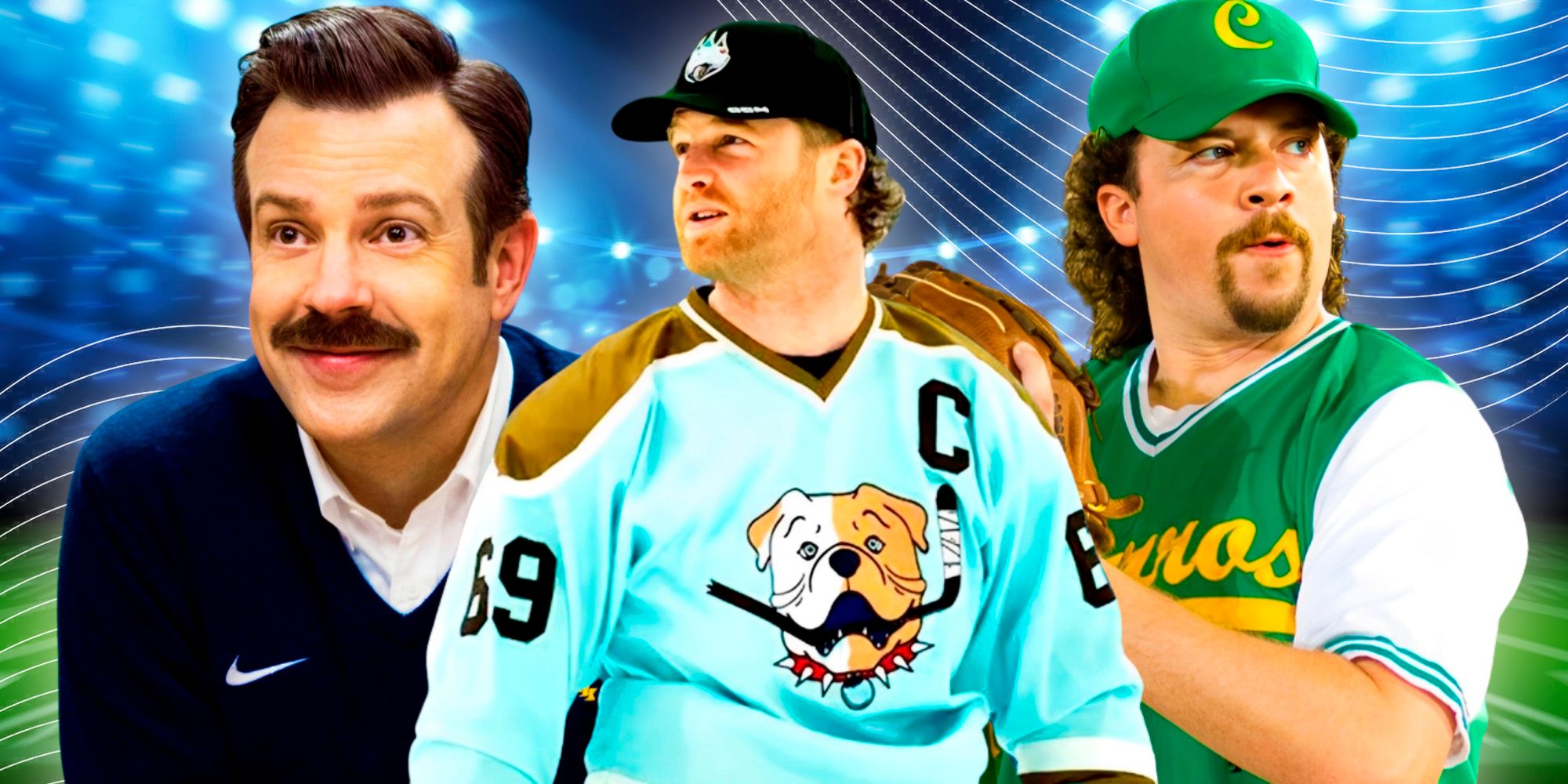 Shoresy, Ted Lasso, and Kenny Powers from Eastbound and Down