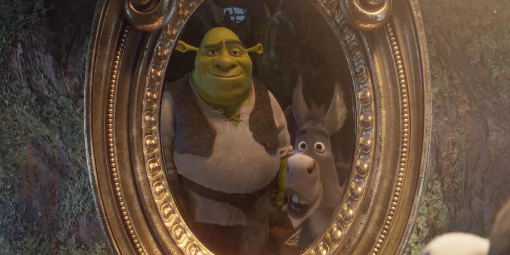 Donkey and Shrek looking into magic mirror on the wall in the Shrek 5 teaser