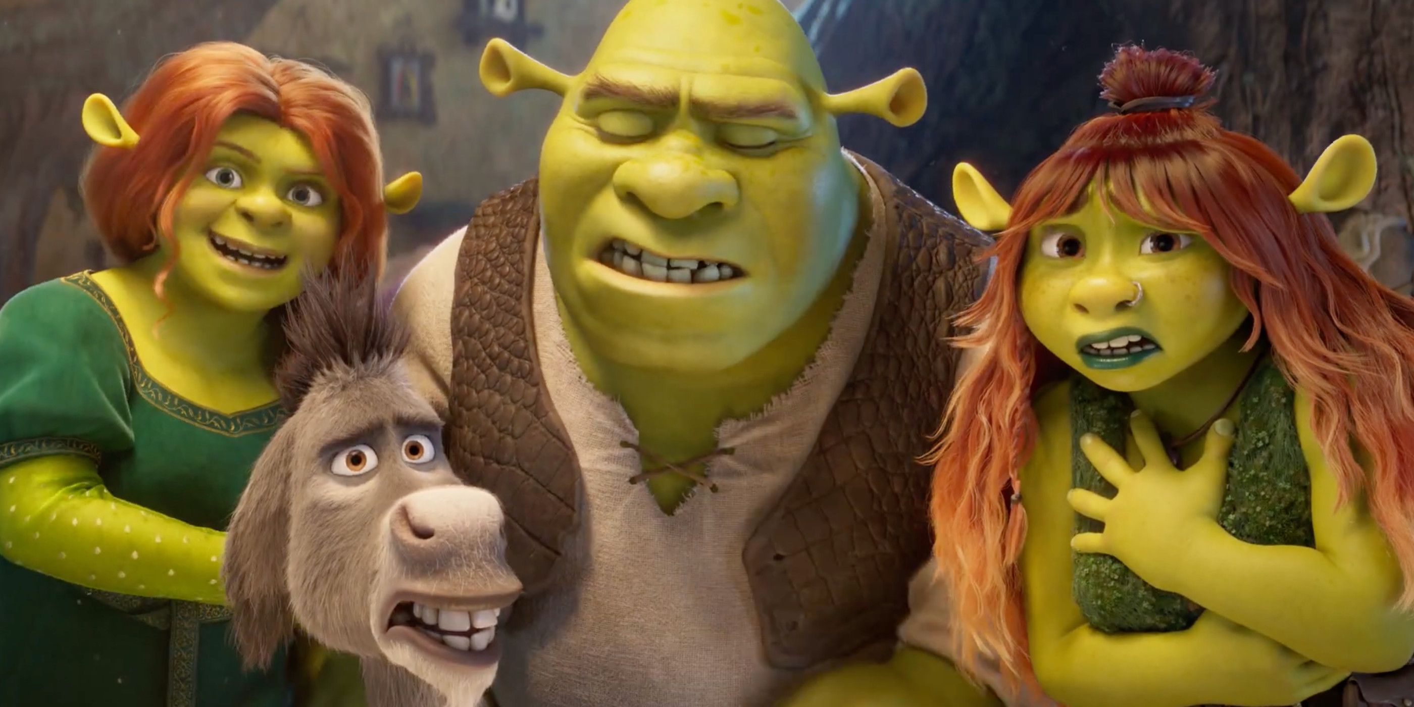 Shrek 5 trailer image showing Shrek and Fiona alongside their daughter and Donkey 