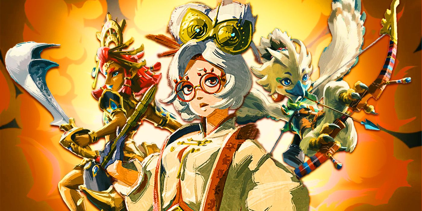 Purah from Tears of the Kingdom stands at the center as Riju and Tulin are in the background equipped with their signature weapons.