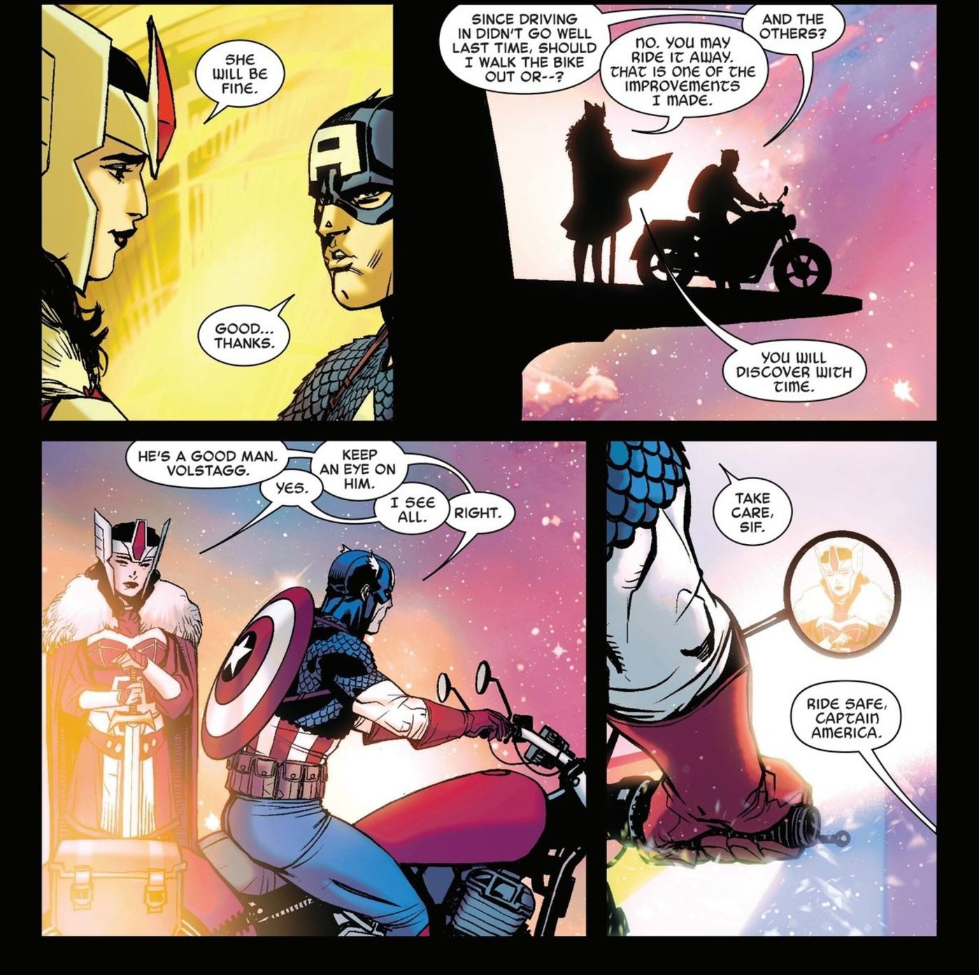 Sif returns the motorcycle of Captain America to leave Asgard