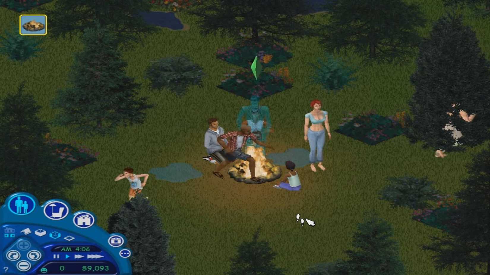 Sims 1 Green Beard the Ghost scares Sims away from the Campfire