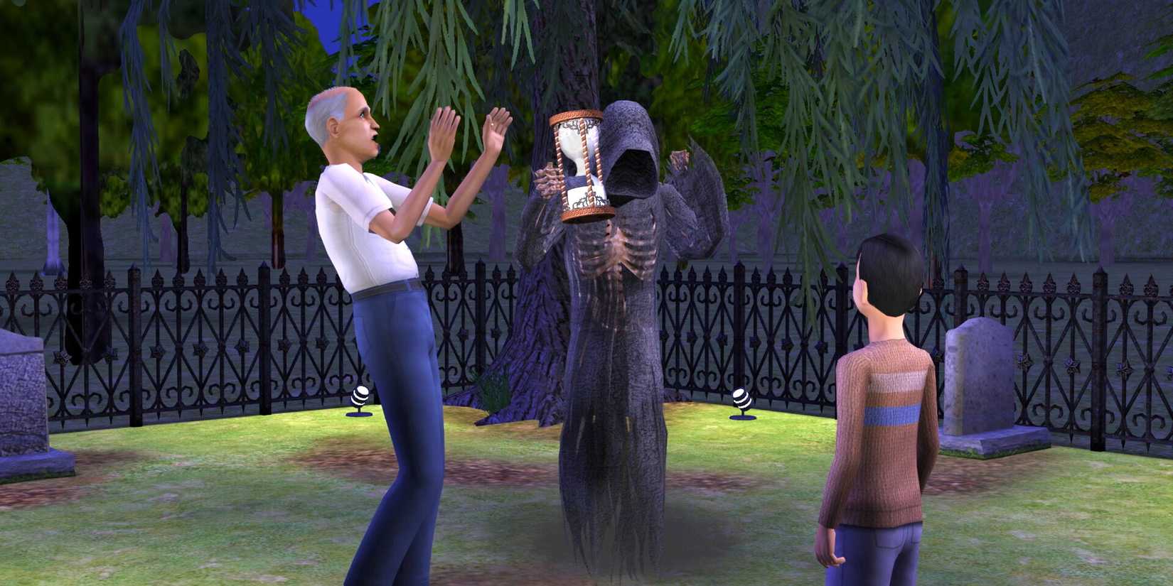 The player looking at death in a graveyard in The Sims 2 Legacy Collection.