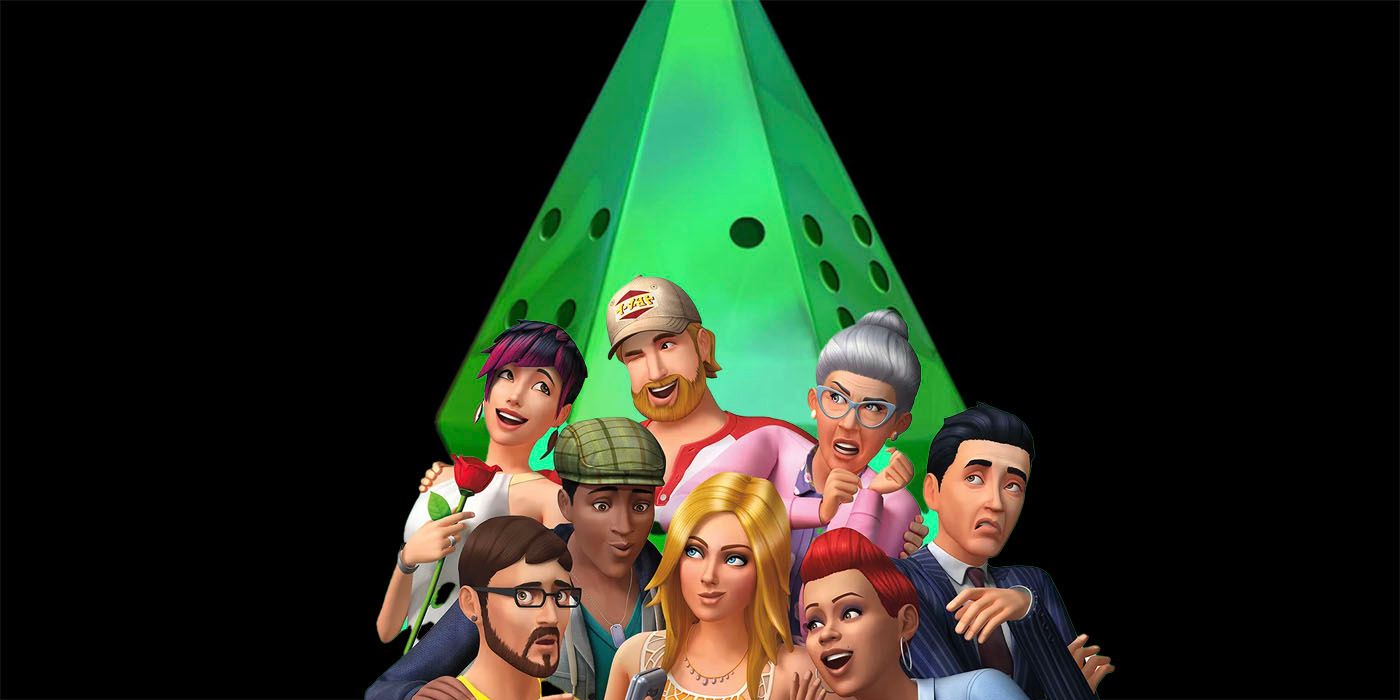 Sims Characters standing in front of Sims board game logo
