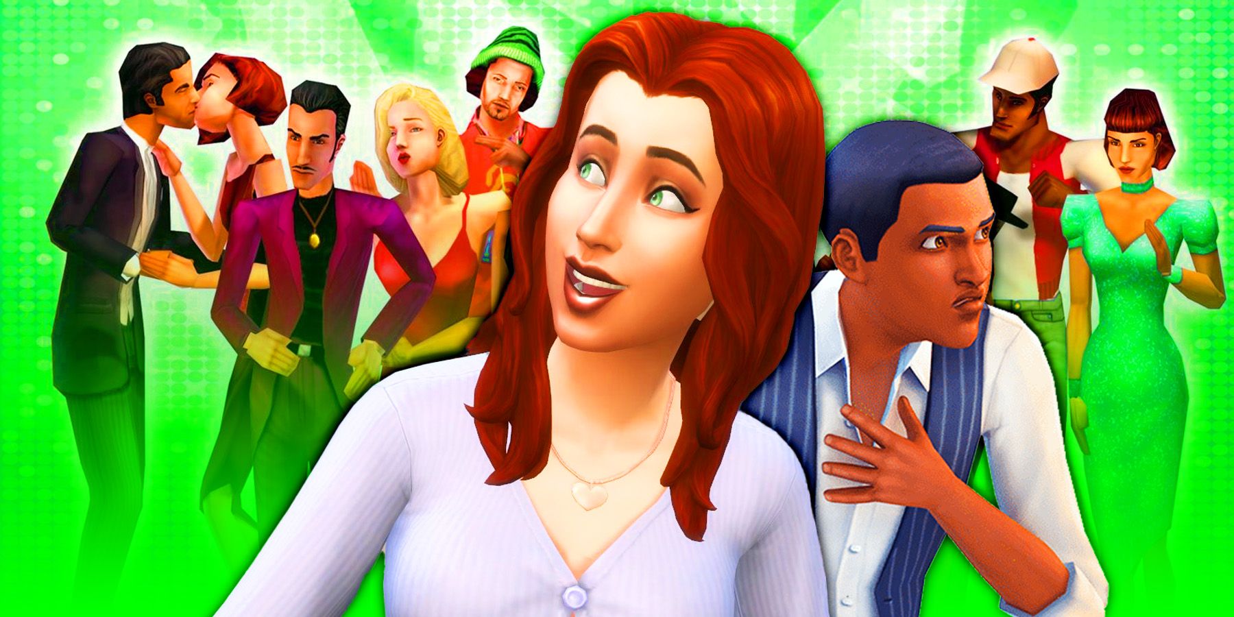 Sims from Sims 4 looking shocked with sims from Sims 1