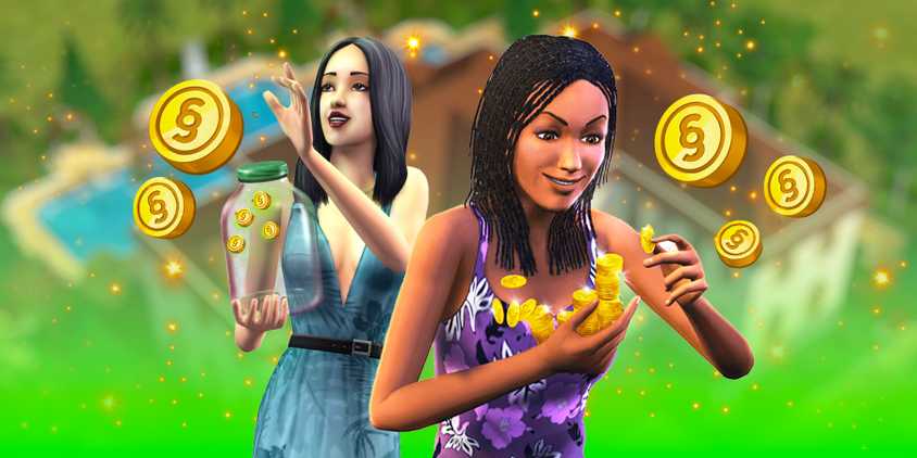 Two Sims surrounded by Simoleons. One is holding a stack of the gold coins while the other is putting them in a jar.