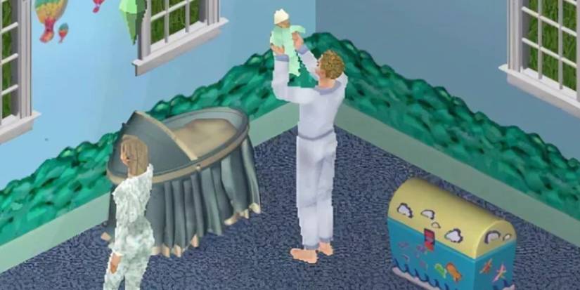A parent holding a baby with a crib behind them in The Sims Legacy Collection.