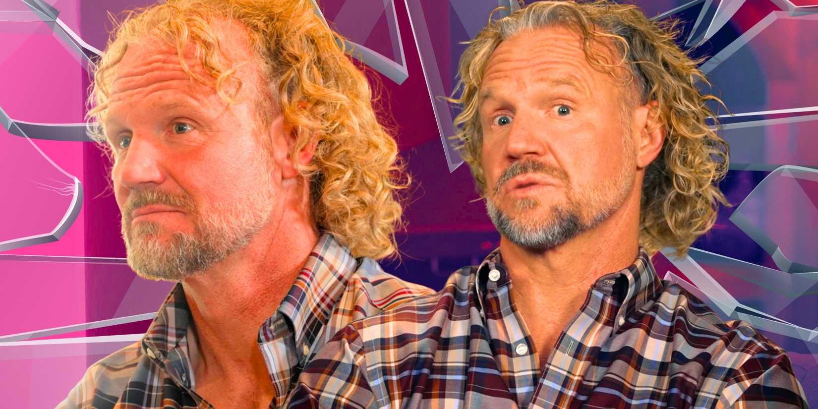 Sister Wives Kody Brown in side by side images looking distressed with broken glass background
