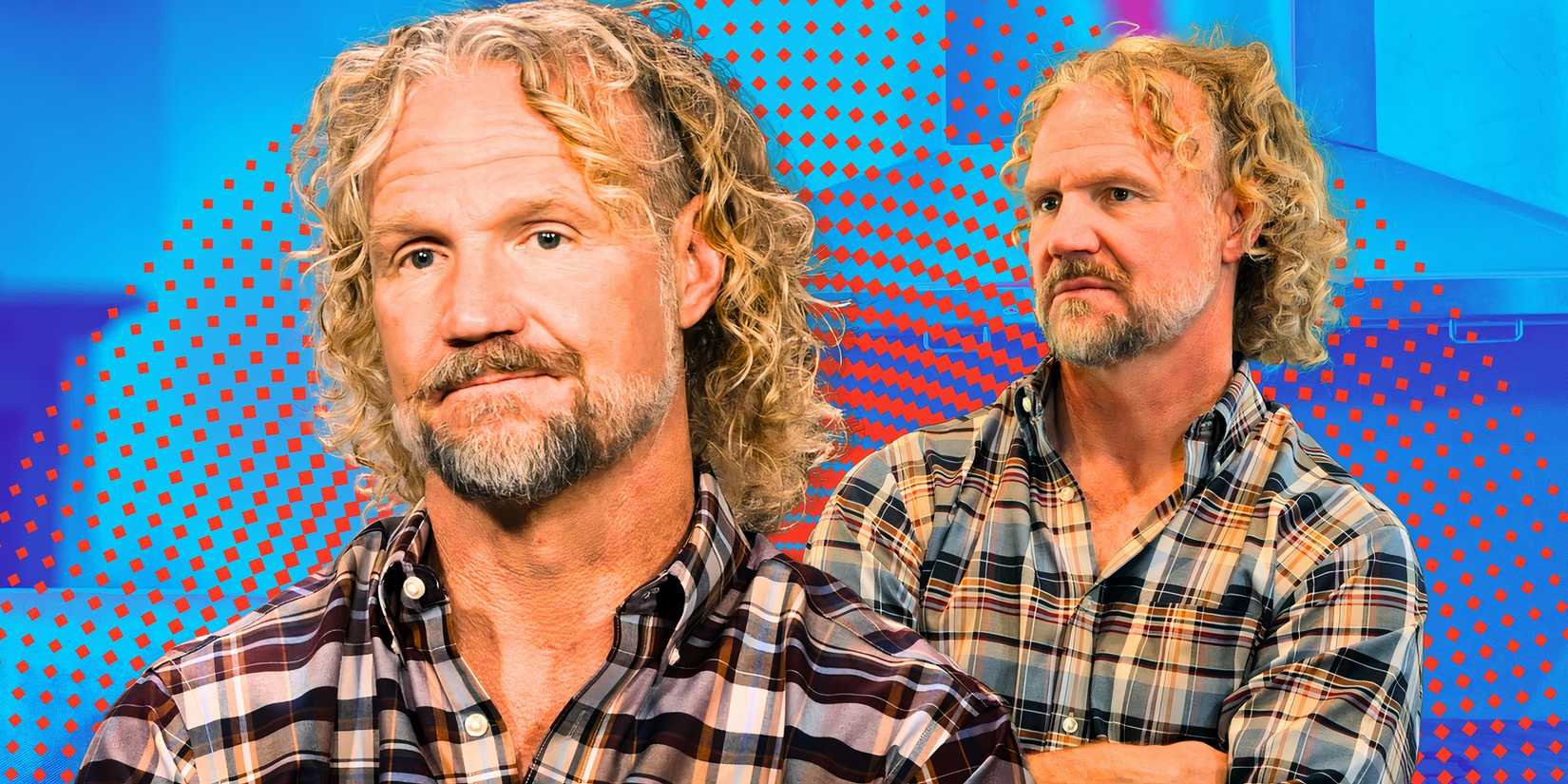 sister wives star kody brown in two serious poses in plaid shirt with artistic dot background