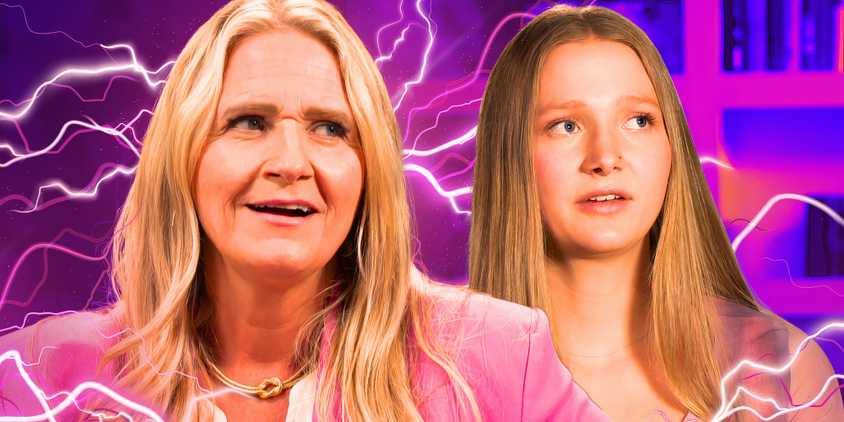 sister wives stars christine and ysabel brown in serious montage with pink electric current background