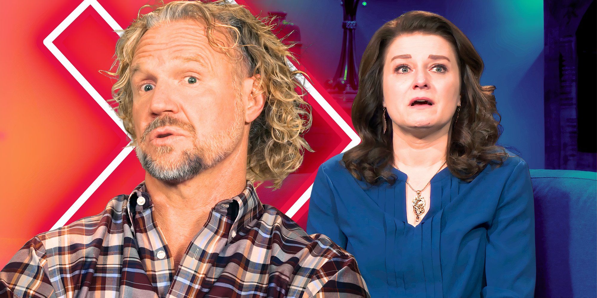 Sister Wives stars Robyn and Kody Brown in montage with intense expressions and blue and orange background