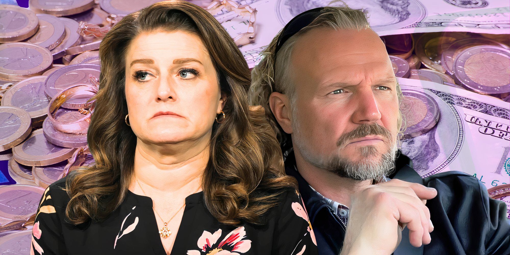 Sister Wives stars Robyn and Kody Brown in serious montage with pink toned money background