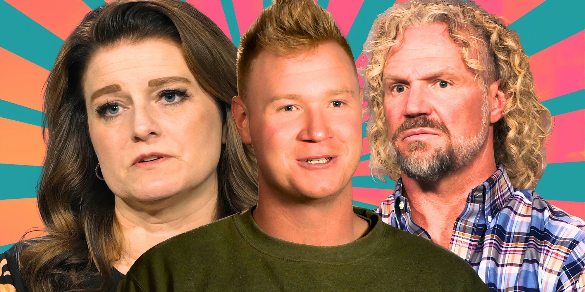 sister wives stars robyn paedon and kody brown in tense montage with pastel striped background