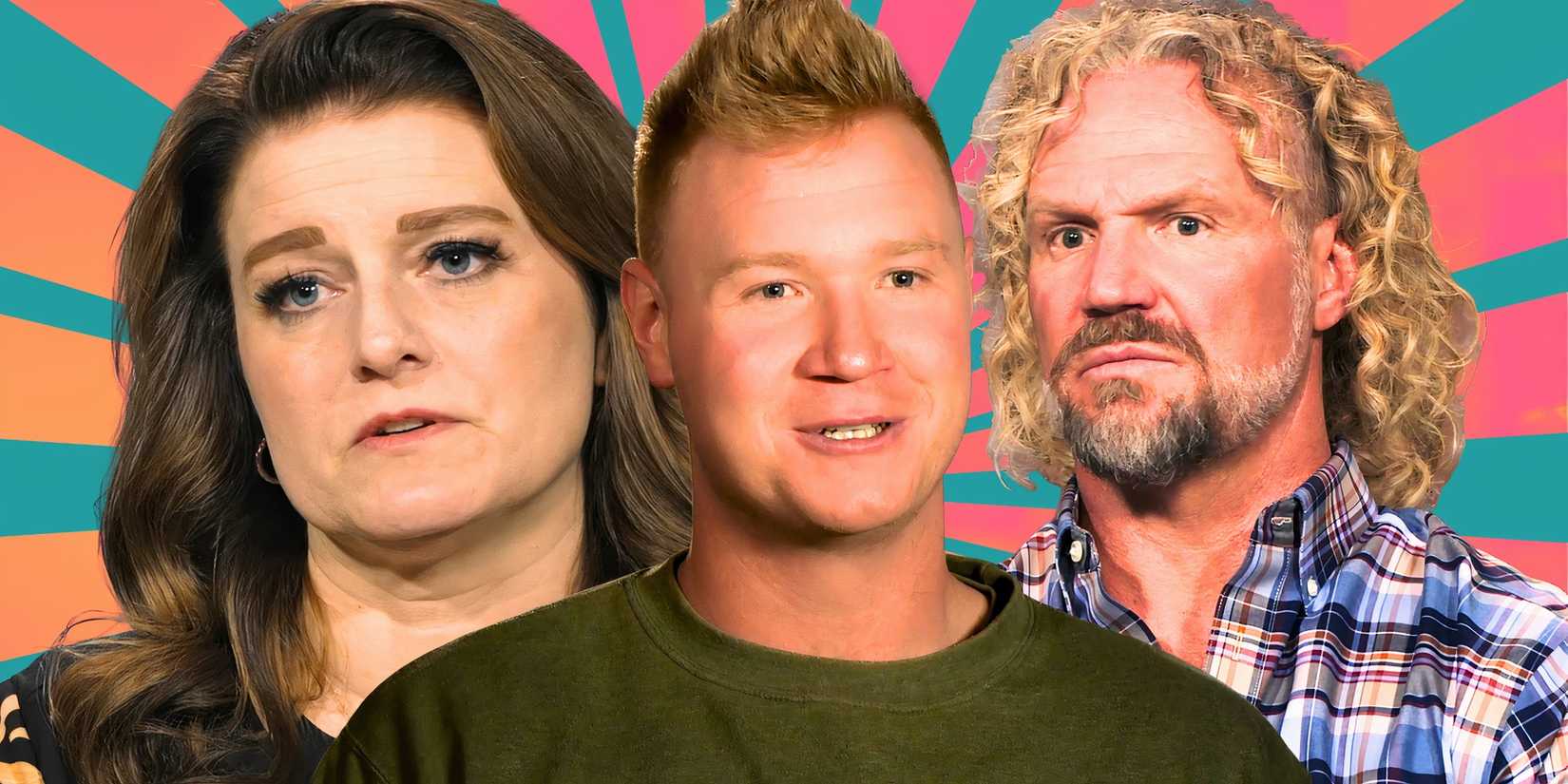 sister wives stars robyn paedon and kody brown in tense montage with pastel striped background