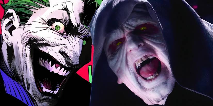Star Wars' Emperor Palpatine and DC's Joker laughing side by side. 