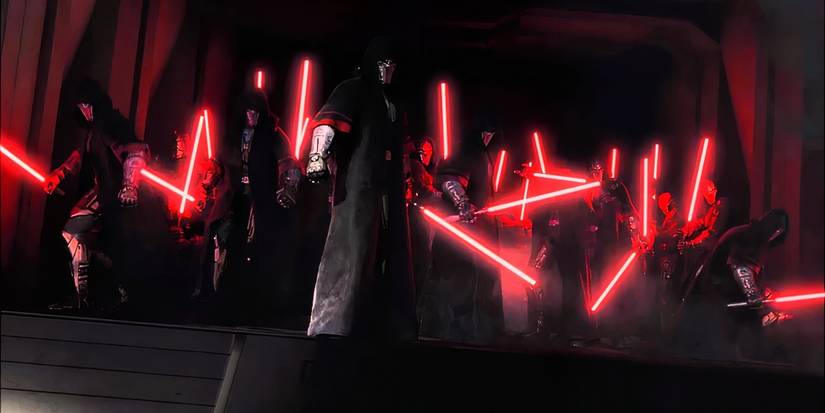 An army of Sith Lords wielding red lightsabers in Star Wars.