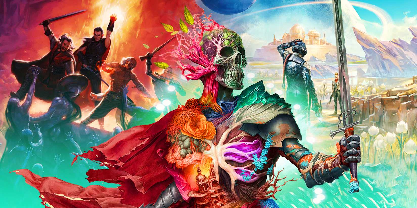 Characters from Pillars of Eternity next to the key art for Avowed and The Outer Worlds.