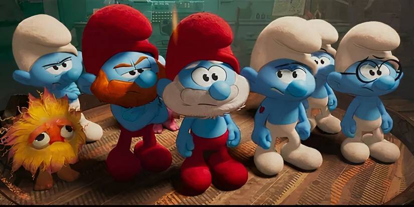 Smurfs look on with angry and skeptical looks in Smurfs