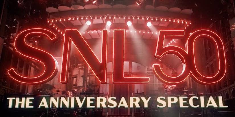 The Title Treatment for SNL 50: The Anniversary Special in red and yellow
