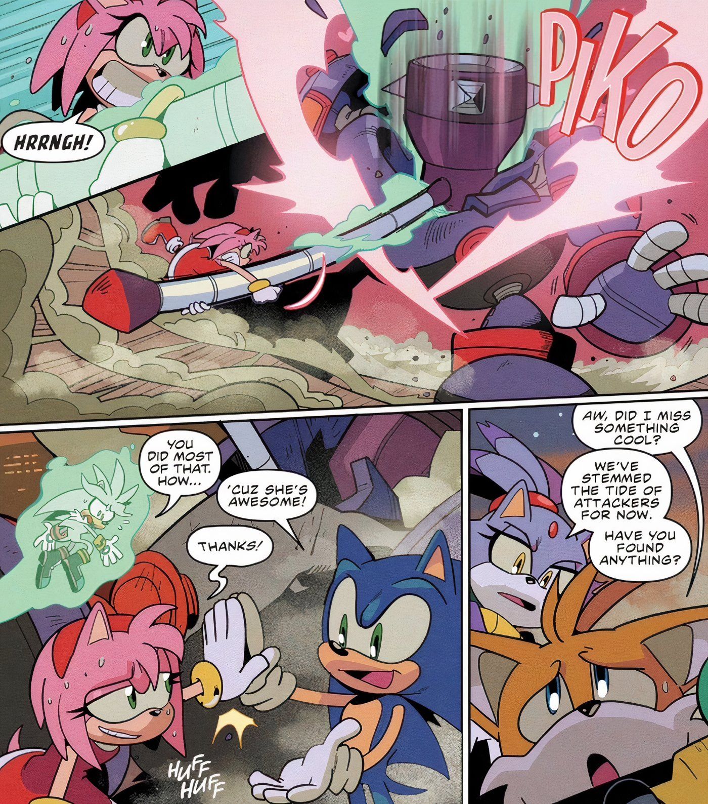 Sonic The Hedgehog 58 Amy Rose raises a giant hammer to crush a robot with the help of Silver