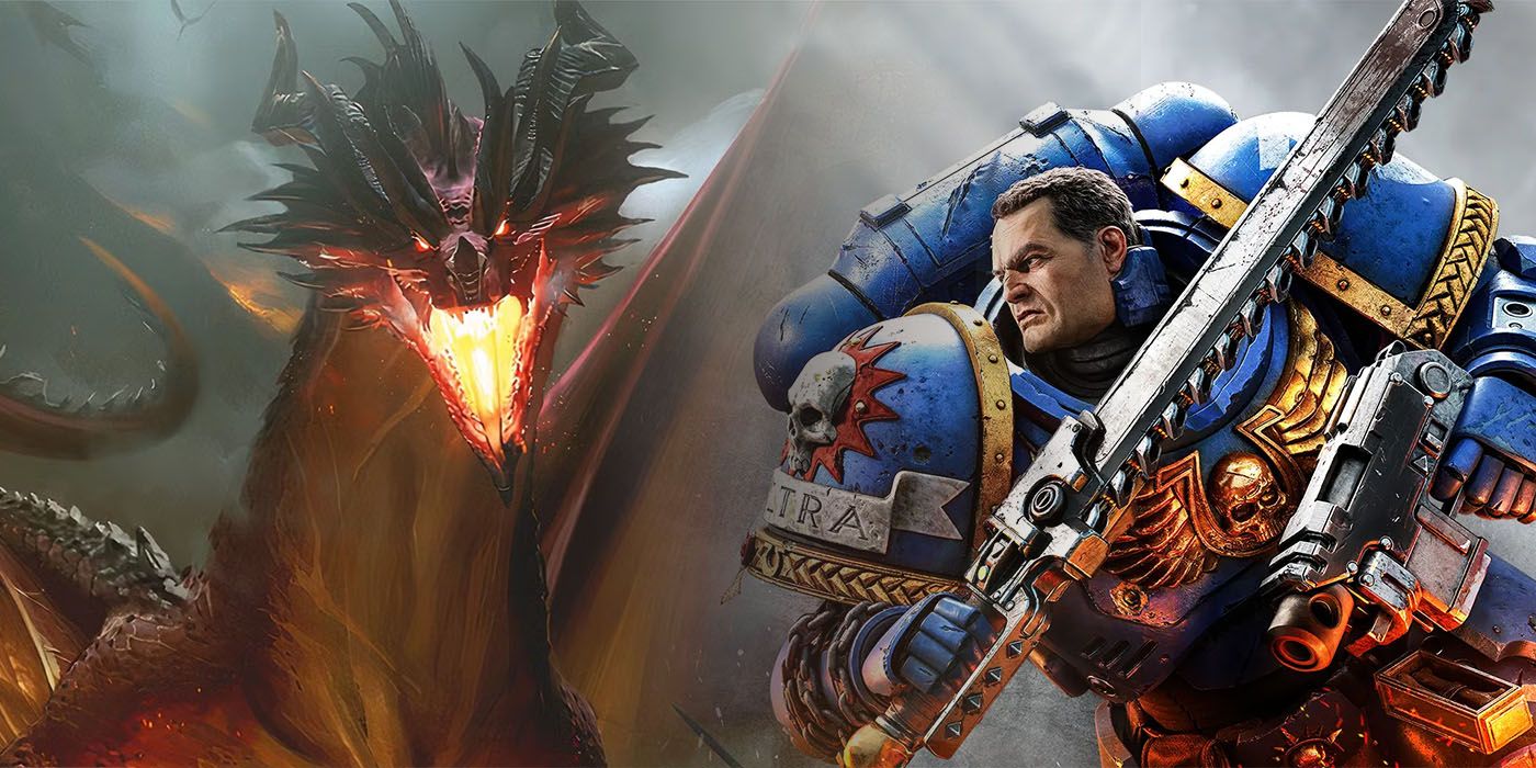 Titus from Space Marine 2 and a Red Dragon from D&amp;D