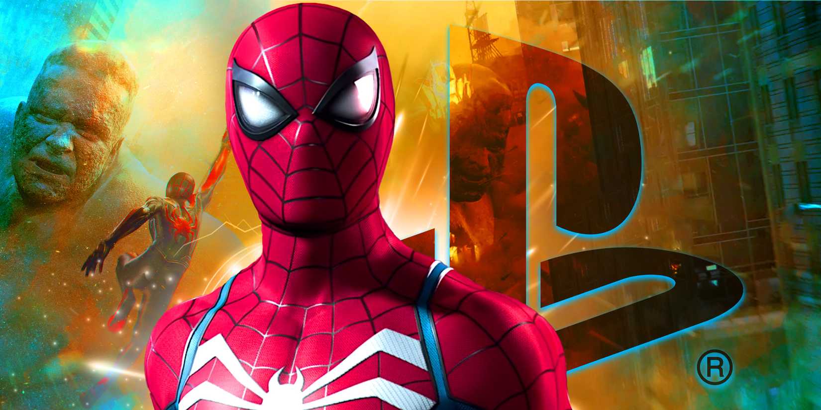 Peter Parker from Spider-Man 2 stands next to a PlayStation logo. Miles fights against Sandman in the background.