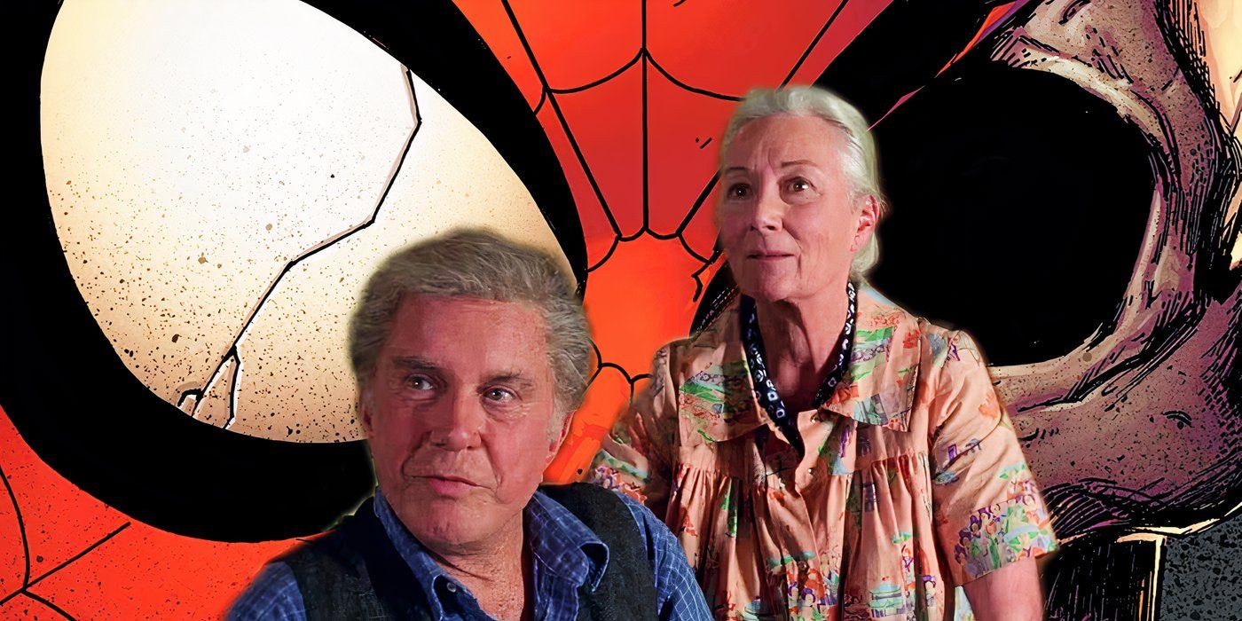 Uncle Ben and Aunt May, in front of Spider-Man&rsquo;s mask slipping off a skull.