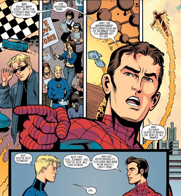 Spider-Man doesn't know why Human Torch envies him when he's the one jealous of him