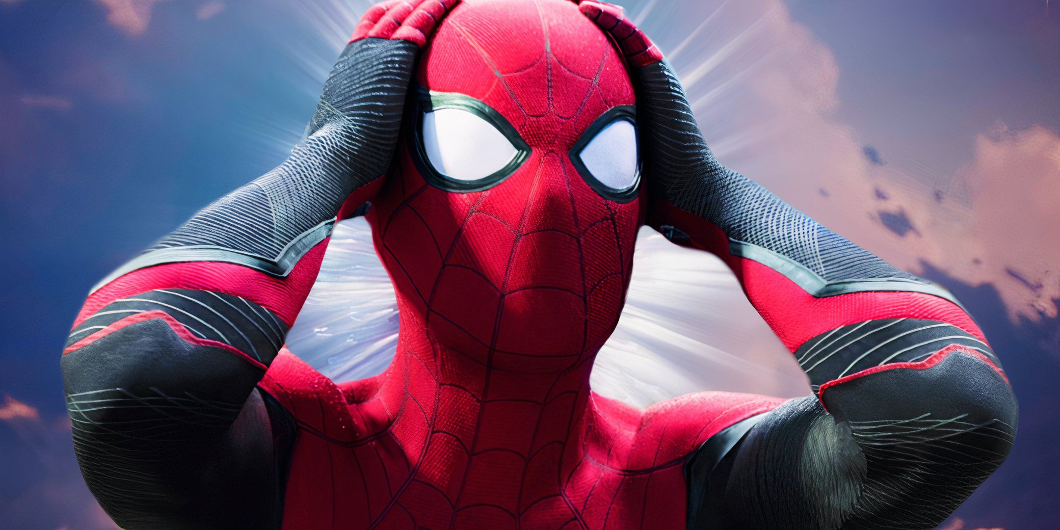 Spider-Man looking shocked in Spider-Man: Far from home in front of a bottom of the sky with a bright light behind him