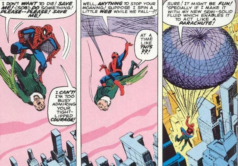 Spider-Man reveals he designed semi-solid web fluid so his parachute can function properly as he takes flight