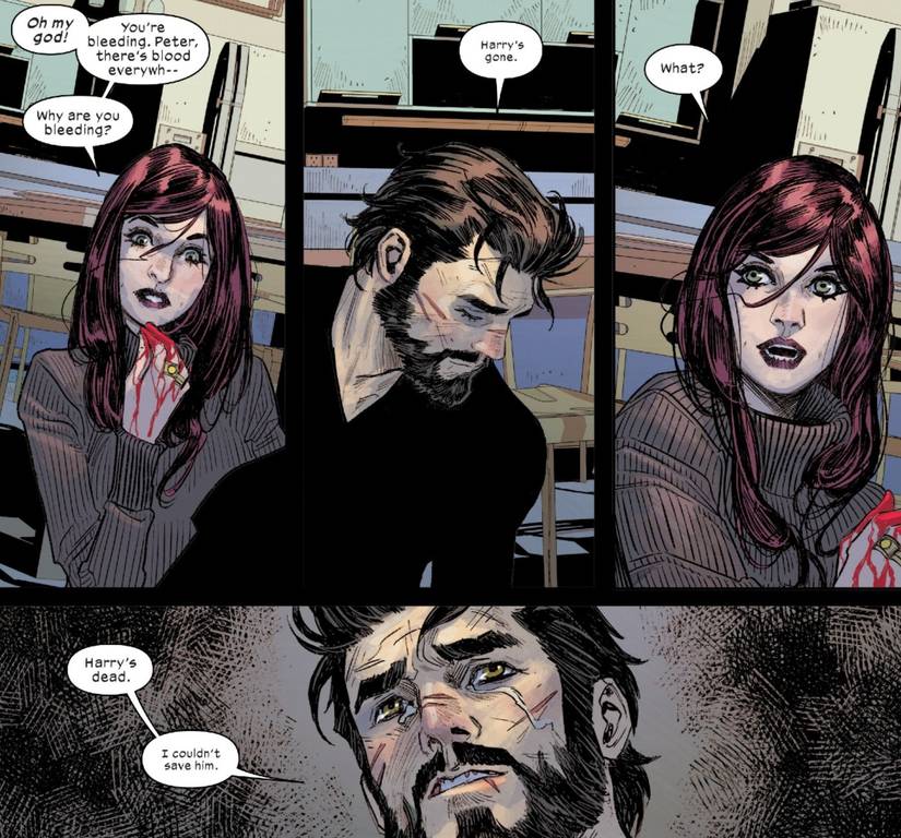 Spider-Man tells MJ that Harry Osborn is dead and he couldn't save him
