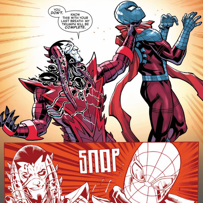 Callix, a Scion of Cyttorak, snapping Spider-Man's neck like a twig.