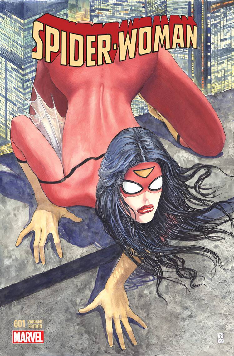 Spider-Woman poses on a rooftop