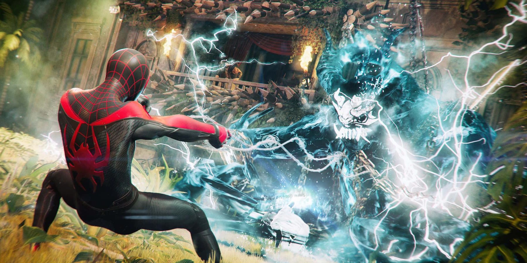 Miles Morales from Marvel's Spider-Man 2 battles against Mr. Negative.