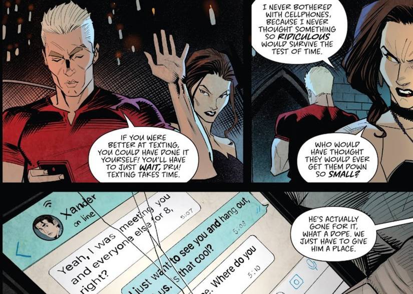 Spike and Drusilla text Xander Harris for a trap in Buffy the Vampire Slayer #4 by BOOM! Studios