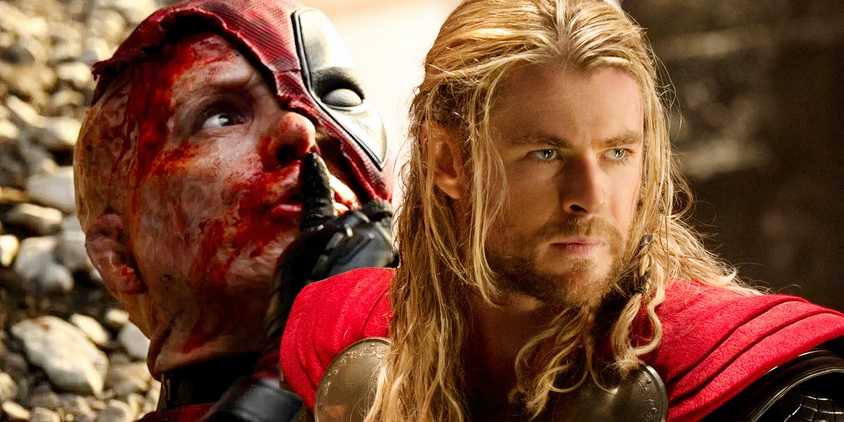 Split image of deadpool dying and thor looking determined in the MCU